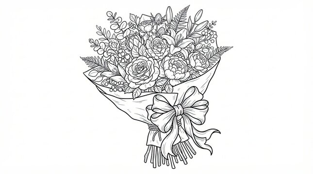 Beautiful hand drawn flower bouquet with a decorative ribbon bow