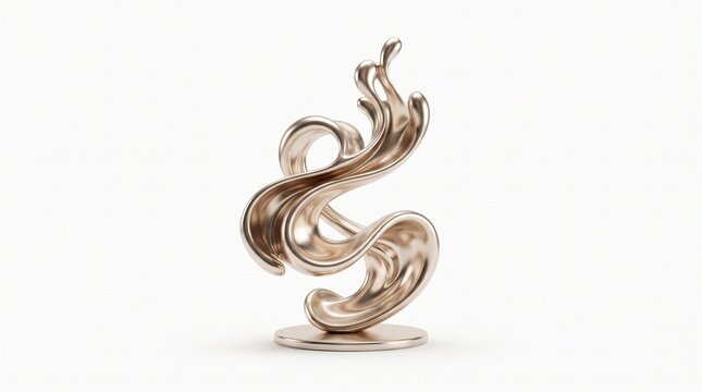 Abstract chrome sculpture with fluid metallic curves, elegant rose gold wave statue, modern liquid metal art piece on white background
