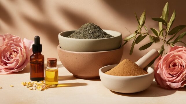 A serene display of herbal powders and oils, complemented by soft pink roses and earthy tones