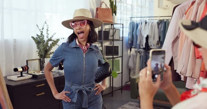 Fashion, phone and photograph with friends in shopping mall for consumerism or small business retail. Hat, picture and sunglasses with happy women in clothing boutique for bargain, purchase or sale