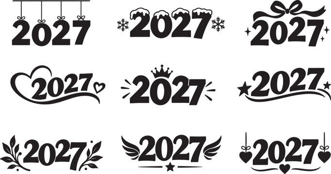 2027 New Year number collection with bold black vector typography, decorated with snowflakes, bow, crown, stars, hearts, leaves and ornaments. Concept of celebration, renewal and festive greeting