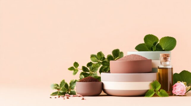 A serene arrangement of natural beauty products in elegant bowls against a soft pastel backdrop
