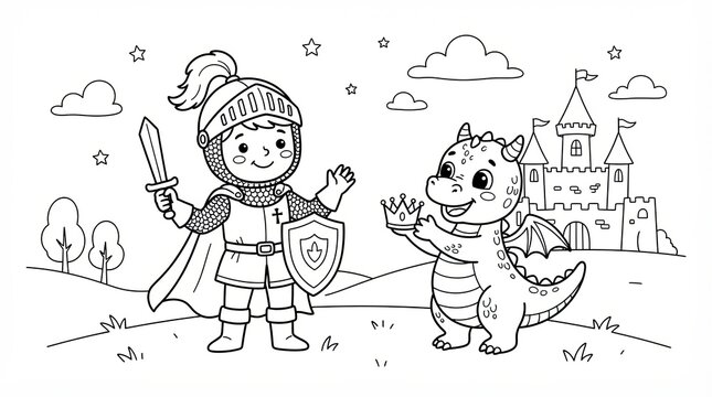 Little knight with sword and shield meeting a friendly baby dragon