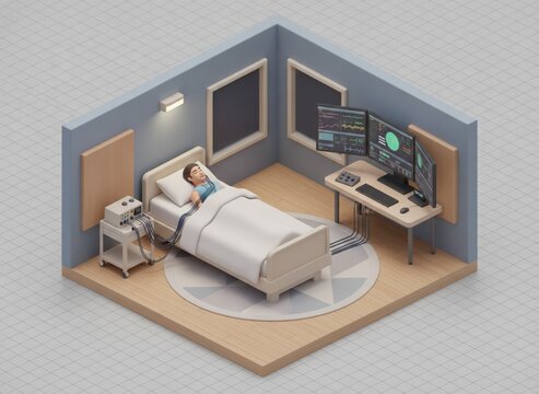 Isometric 3D illustration of sleep study lab with polysomnography bed, sensor array, and monitoring console, consistent isometric angle, ground plane visible.