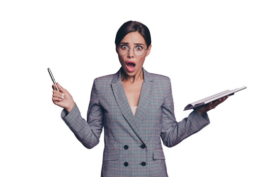 Portrait of her she nice cute attractive lovely puzzled confused smart clever intelligent lady wearing gray checkered blazer oops fail note-pad isolated over maroon burgundy marsala background