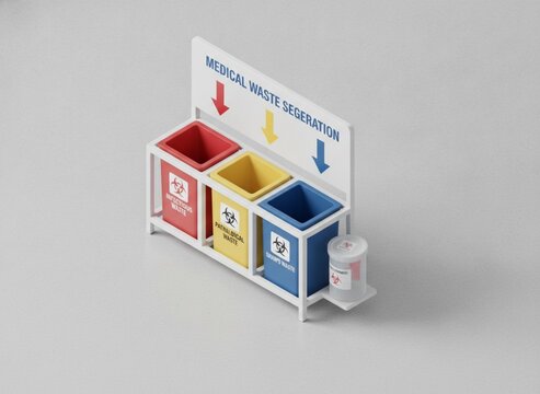 Isometric 3D medical waste segregation station with color-coded bins and biohazard labels, consistent isometric angle, ground plane visible.