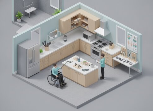 Isometric 3D illustration of occupational therapy kitchen simulation room with adaptive tools and assessment station, consistent isometric angle, ground plane visible.