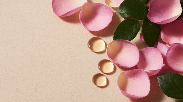 Delicate pink rose petals and droplets arranged artistically on a soft beige surface