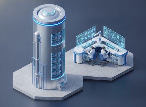 Isometric 3D illustration of cryogenic biobank storage tower adjacent to sample intake cataloging workstation, consistent isometric angle, ground plane visible.