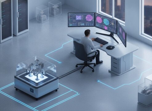 Isometric pathology slide scanner feeding digitized tissue images to analyst workstation, consistent isometric angle, ground plane visible, digital pathology lab.