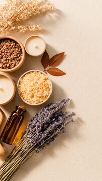 A collection of natural ingredients and candles arranged aesthetically on a light surface