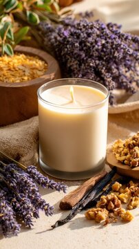 A serene scene featuring a lit candle surrounded by lavender flowers and natural decor