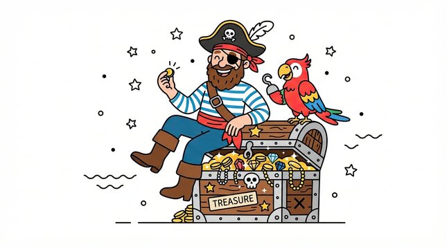 Happy pirate with his parrot sitting on a treasure chest filled with gold