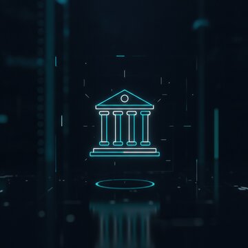 Digital bank icon with glowing neon lines on a dark futuristic background, representing fintech, online banking, and cyber security in a high-tech environment, concept of digital financial security an