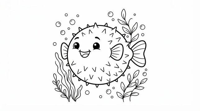 Cute puffer fish cartoon character for coloring book isolated on white