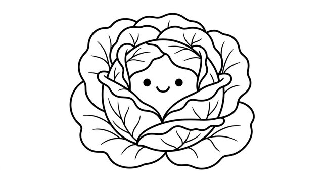 Cute cartoon cabbage character with a smiling face for kids coloring page