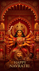Obraz premium Majestic multi armed goddess sitting on lion during traditional indian religious festival