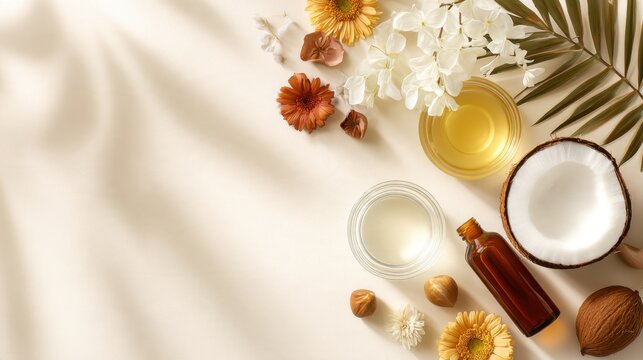 A serene arrangement of oils, flowers, and natural elements on a softly draped fabric surface