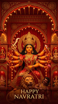 Majestic multi armed goddess sitting on lion during traditional indian religious festival