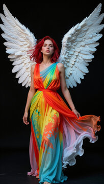 Red-haired angel in colorful, flowing dress on black background.