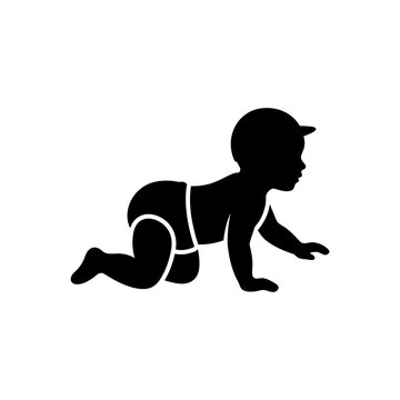 Black silhouette of crawling baby in diaper on transparent background provides clear design elements for projects focused on parenting infant care and early growth.