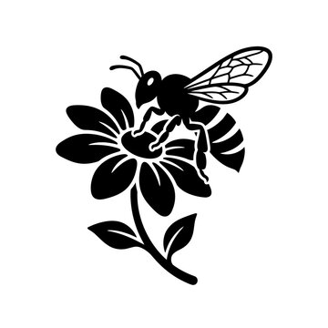 Detailed honey bee harvesting nectar from blooming flower silhouette for organic honey branding ecological awareness posters and natural cosmetic packaging.