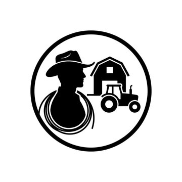 Cowboy farmer profile with barn and tractor inside circular frame symbolizes agricultural lifestyle and traditional ranching operations for rural business branding.