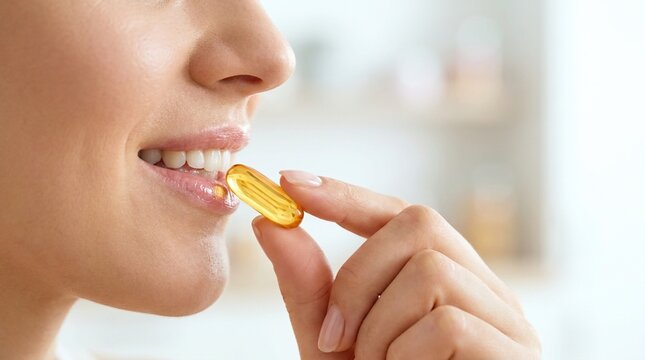 Close up of a young woman taking a yellow fish oil capsule, concept of health, nutrition and dietary supplements, concept of health and dietary supplementation