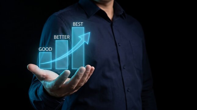 Businessman Holding Glowing Blue Bar Chart Hologram Illustrating Good Better Best Growth Performance Optimization For Professional Business Marketing