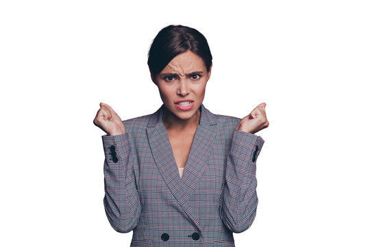 Close up photo beautiful amazing business she her lady arm hand fingers fists in air evil displeased violence facial expression wearing specs formal-wear isolated dark red vivid background