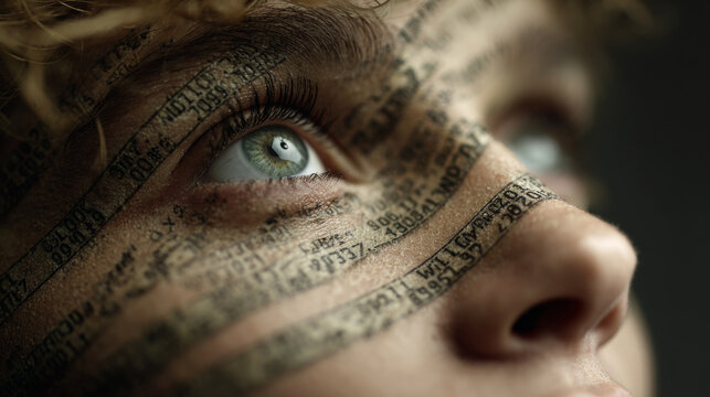 Close up shot of a young man face with matrix code numbers projected on skin looking up.