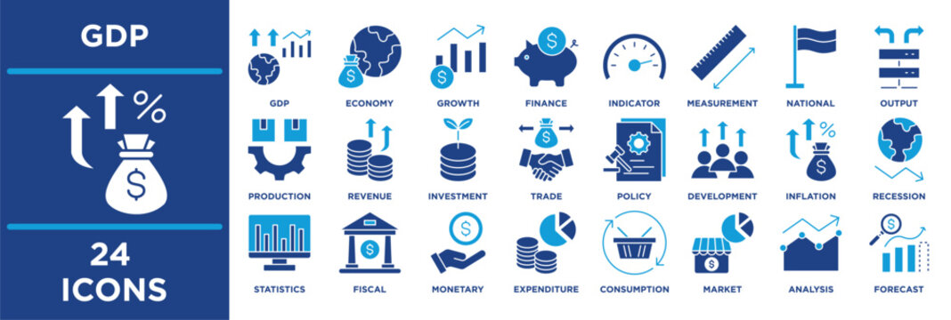 GDP glyph icon collection set. Containing Revenue, Investment, Trade, Policy, Development, Inflation, Recession, Statistics and Fiscal. solid illustration.