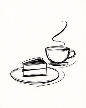 Minimalist hand drawn ink brush illustration of coffee cup and cake slice