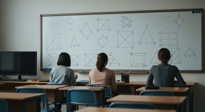 Three students view a whiteboard filled with geometric shapes during a lesson in a classroom