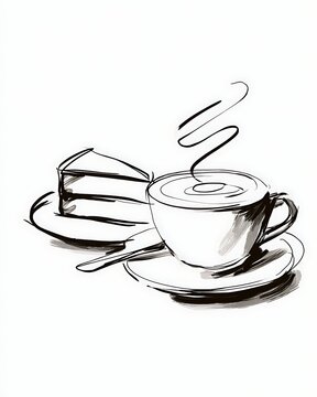 Minimalist hand drawn ink brush illustration of coffee cup and cake slice