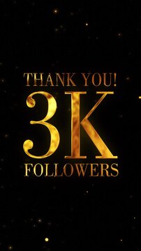 Golden 3K Followers Thank You text revealing with sparkling particles on black background, luxury elegant social media milestone celebration vertical video