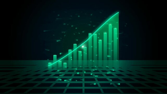 Digital finance growth chart with rising green bar graphs and glowing trend line animation graph financial business data analytics statistics neon technology success investment economy market trading