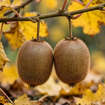 Pair of ripe kiwi fruits hanging on tree branch with autumn leaves background