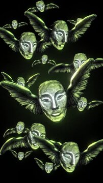 Animated group of strange scary masks with wings flying in puppet stop-motion style. 