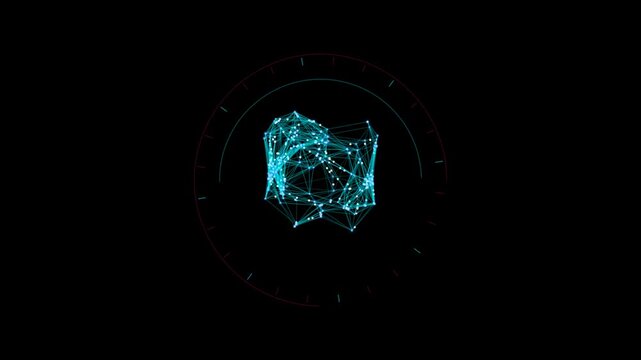Digital 3D neural network node cluster rotating inside futuristic interface hud design wireframe model technology nodes connections plexus rotation cybernetics artificial intelligence data science