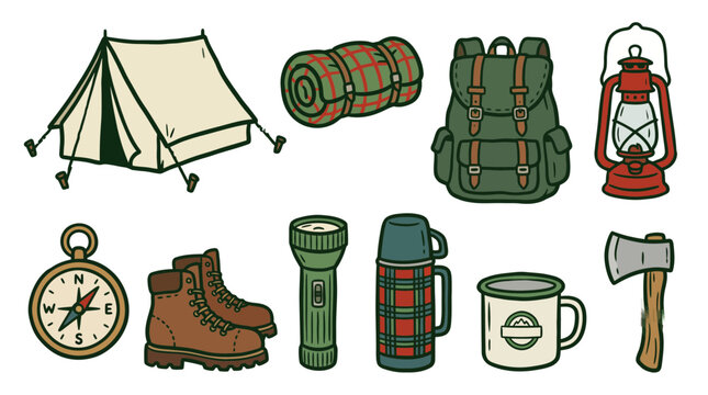 Vintage Camping Equipment Doodle&hellip; SVG vector illustration collection with premium hand drawn decorative elements, creative graphic design assets for branding, crafts, printing, digital projects and mo