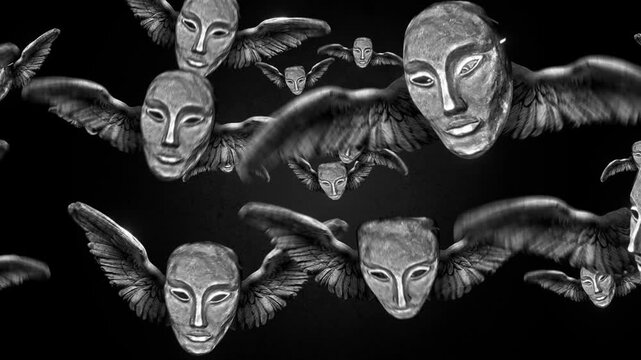 Animated group of strange scary masks with wings flying in puppet stop-motion style. 