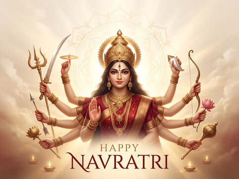 Divine multi armed goddess holding weapons and lotus flower celebrating traditional indian
