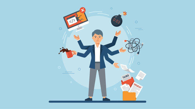 A flat design illustration depicting a multi-armed individual skillfully managing a whirlwind of tasks and unexpected problems, symbolizing the perpetual nature of daily chaos.