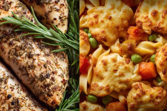 Whole ingredients contrasted with heavily processed dishes, revealing distinct food textures in close detail