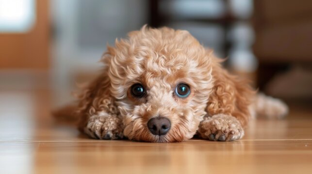 Cute brown curly-haired puppy lying on wooden floor with big expressive blue eyes looking curiously at the camera
