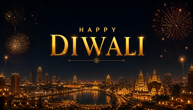 Golden happy diwali text greeting over a dark night cityscape with sparkling fireworks display diwali festival indian festival hindu tradition festival lights