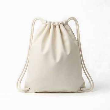 Empty cream white drawstring backpack isolated against a clean white background for minimalist fashion design branding