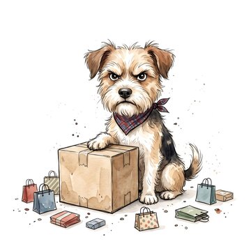 Grumpy dog guarding online shopping delivery package
