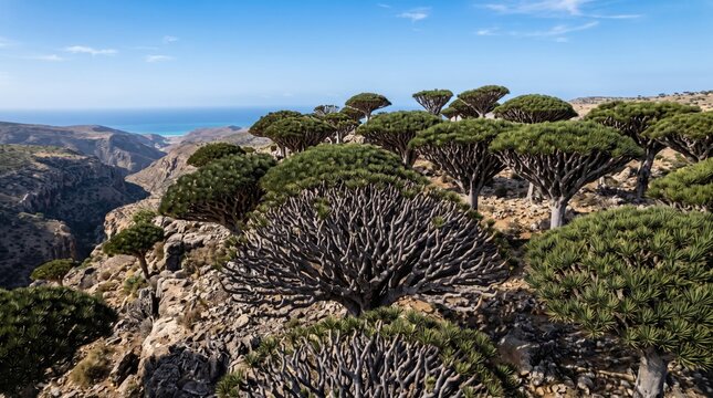 Unique umbrella shaped dragon blood trees growing on a rocky mountain ridge overlooking a deep canyon and blue sea in the distance